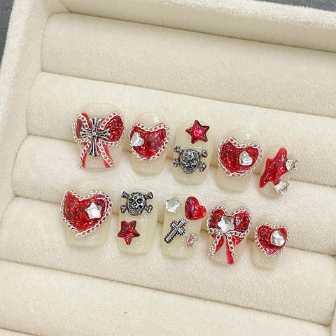 10 parches coreanos para uñas postizas, hechos a mano, con forma de corazón rojo, lazos de metal, calaveras, uñas postizas para usar. 