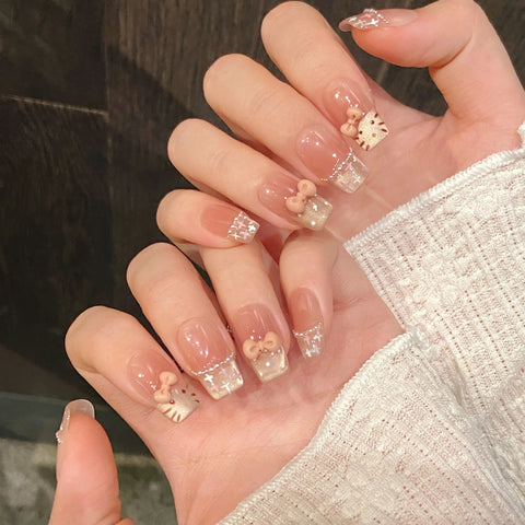 10pcs Short Ladder Handmade False Nails Hand-painted Sweet Cat French Blush Fake Nail With Pink Stereo Bowknots Press On Nail