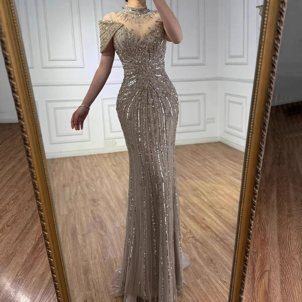 Vestido de noche de lujo color caramelo con cuentas y corte sirena LA73082 