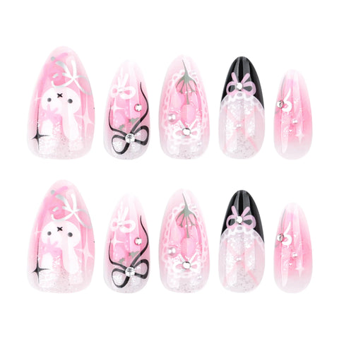 24 uñas postizas con diseño de tulipán en color negro, francés, rubor, almendra y lazos, con bonitos diseños de conejos Y2K. 
