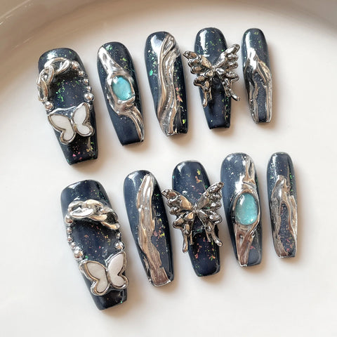 10pcs Glossy Coffin Handmade Press On Nails Gradient Brown White Flower Flash Butterfly Diamond False Nail Luxury Fake Nails
