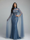 Vestido de noche de sirena azul de lujo con capa LA73006