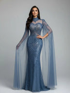 Vestido de noche de sirena azul de lujo con capa LA73006
