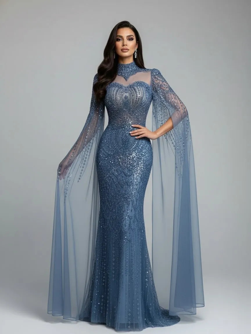 Luxuriöses, schlichtes blaues Meerjungfrauen-Abendkleid mit Cape LA73006