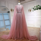 Luxuriöses, elegantes, pinkfarbenes Abendkleid mit Perlenbesatz und Cape LA73033 
