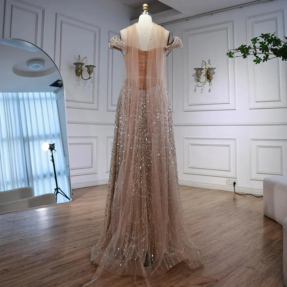 Vestido de noche árabe de lujo con cuentas de perlas rosas y capa LA72922