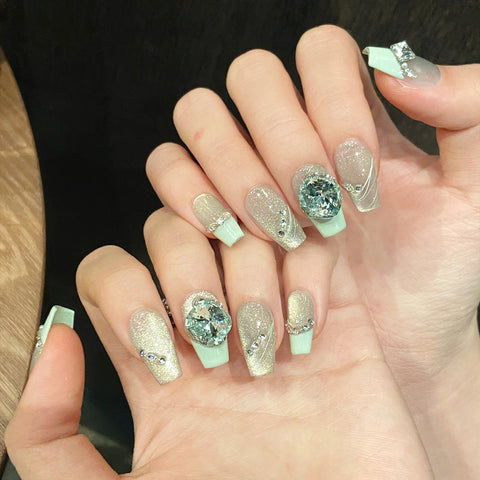 10pcs Summer Little Fresh Handmade Press On Nails Mint Green Cat's Eye Glossy Diamond Decor Fake Nails Simple French False Nail