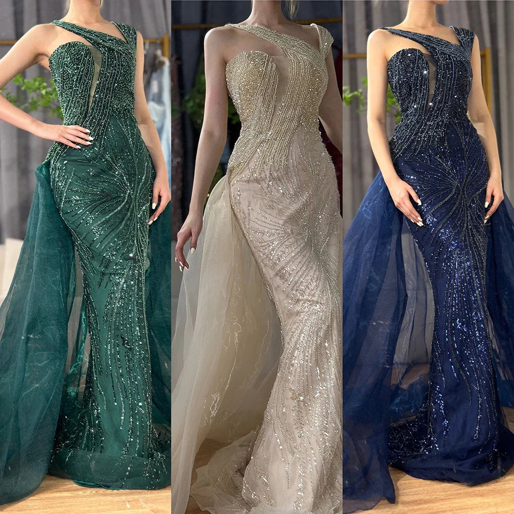 Luxury Dubai   Nude Mermaid Green Evening Gown with Elegant One Shoulder Overskirt for Formal Occasion LA72031A
