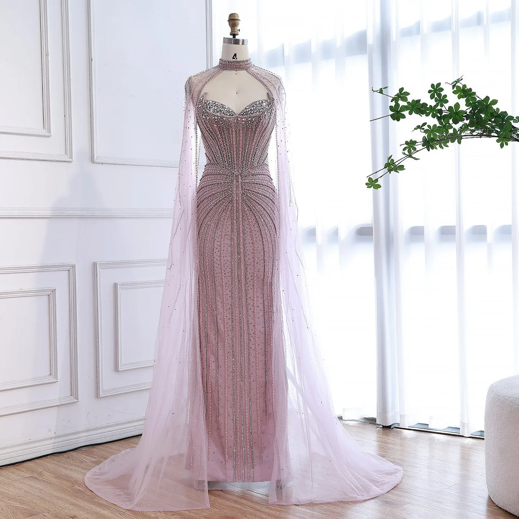 Luxuriöses, karamellfarbenes, perlenbesetztes Abendkleid mit Cape aus Dubai LA72811C