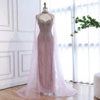 Luxuriöses, karamellfarbenes, perlenbesetztes Abendkleid mit Cape aus Dubai LA72811C