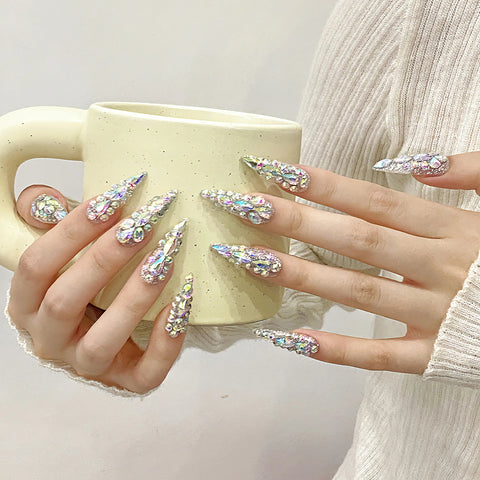 10pcs Full Shiny Diamond Handmade False Nails Light Luxury Long Pointed Press On Nails Full Cover Y2k Fake Nail New Year Gifts