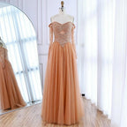Vestido de noche de lujo color piel, corte A, hombros descubiertos y cuentas LA73038 
