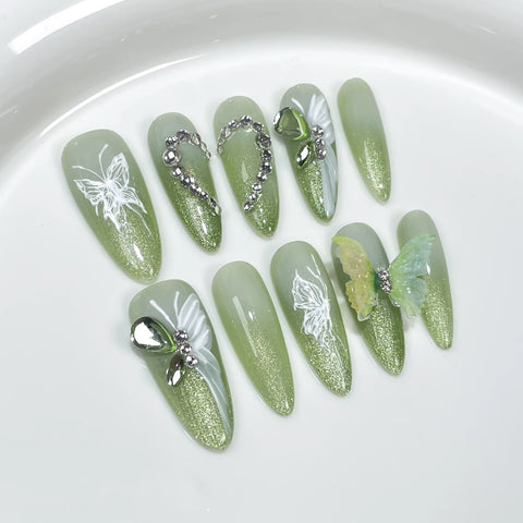 10 Stück handgemachte Press-On-Nägel, verschmiert, schwarzer Schmetterling, glänzende Pailletten-Designs, falsche Nägel, Y2k, süß, cool, lang, mandelförmig 
