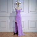 Luxury Purple Sequin Prom Dress with Slit and Cutout Waist
