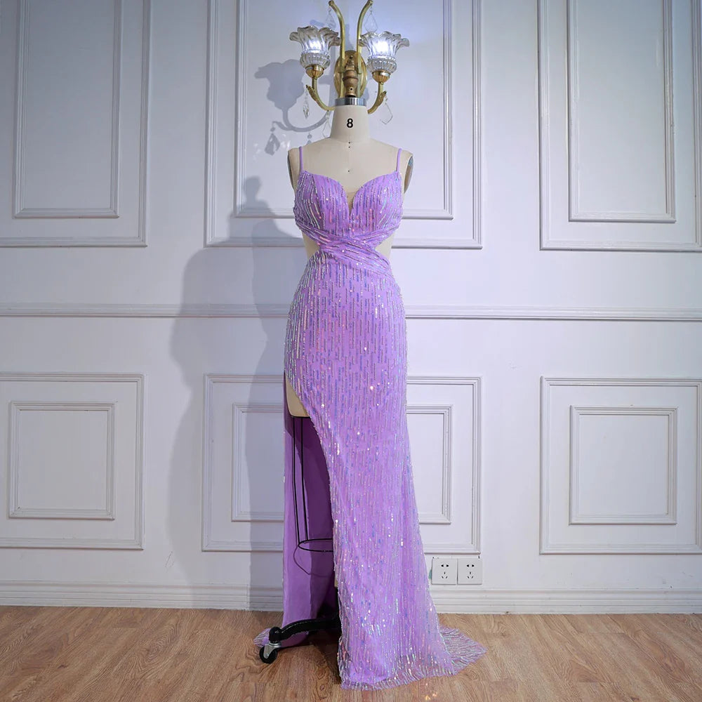 Luxuriöses lila Pailletten-Abendkleid mit Schlitz und Cut-out an der Taille LA73000
