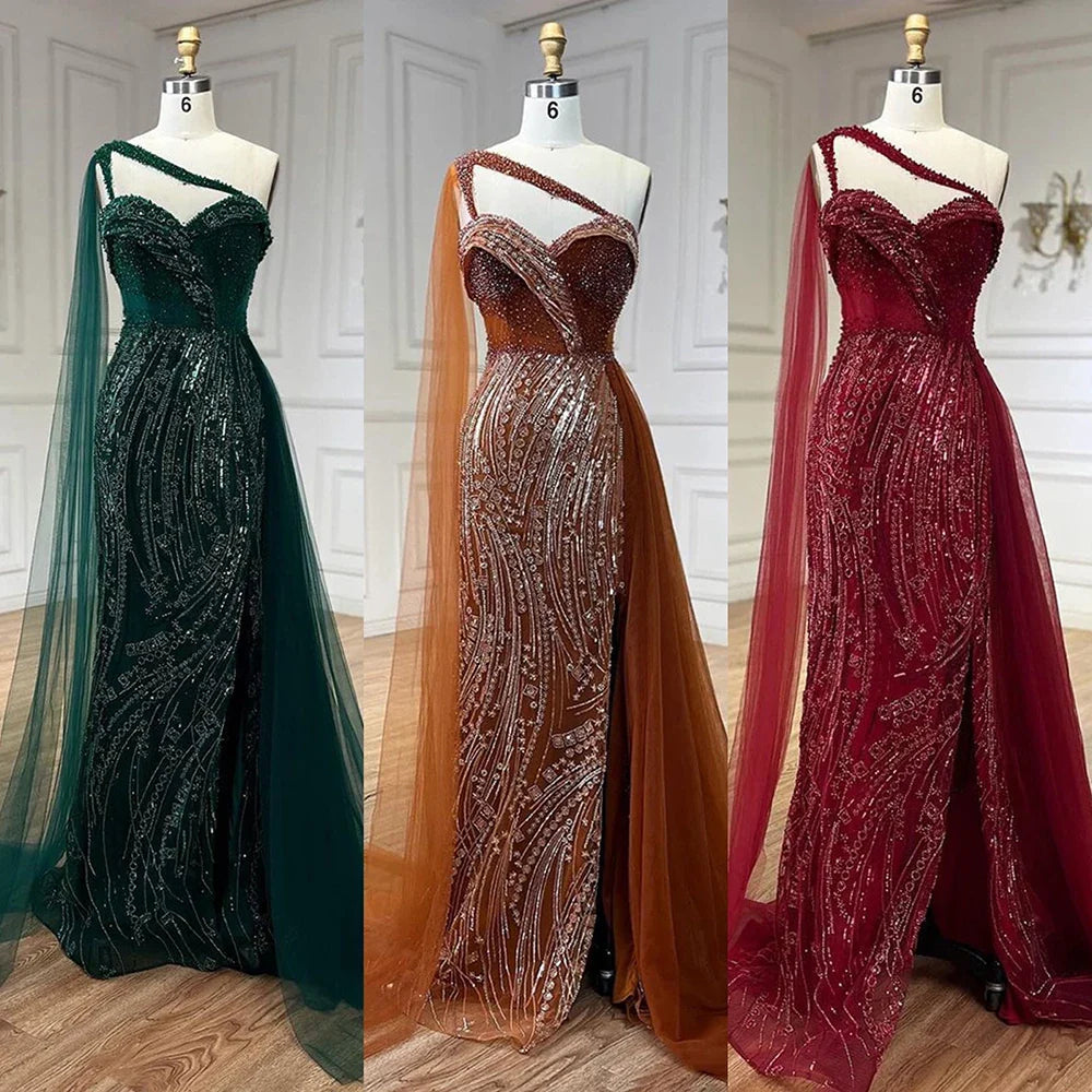 Vestido de noche de sirena de lujo verde con un solo hombro y capa LA72472