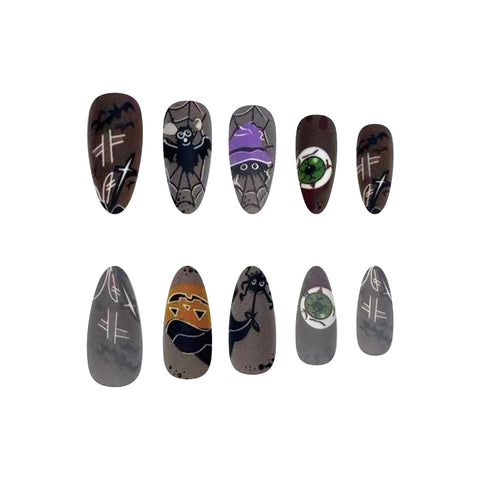 24 uñas postizas artificiales mate con diseño de murciélago, araña, calabaza y globo ocular para Halloween, uñas postizas almendradas usables. 