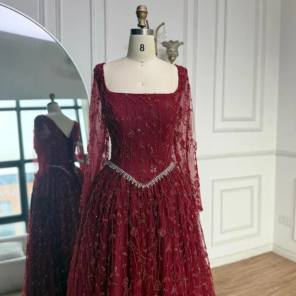 Luxuriöses, salbeigrünes, perlenbesetztes Abendkleid mit langen Ärmeln LA72805B 
