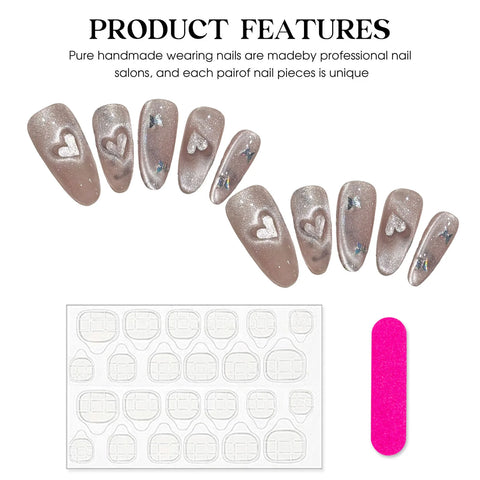 10 uñas postizas hechas a mano con purpurina rosa, corazón de amor, ojo de gato, cobertura completa, uñas postizas de moda para mujeres y niñas. 