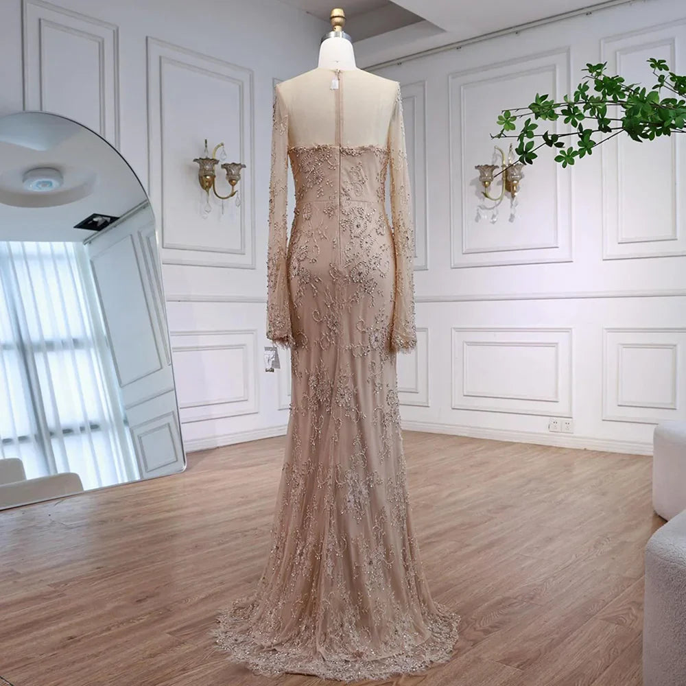 Vestido de noche de sirena con encaje árabe y cuentas, de lujo, con mangas LA72545 