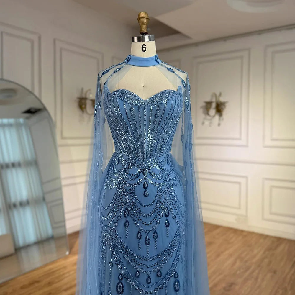 Luxuriöses blaues Pailletten-Abendkleid mit Cape-Ärmeln LA73108