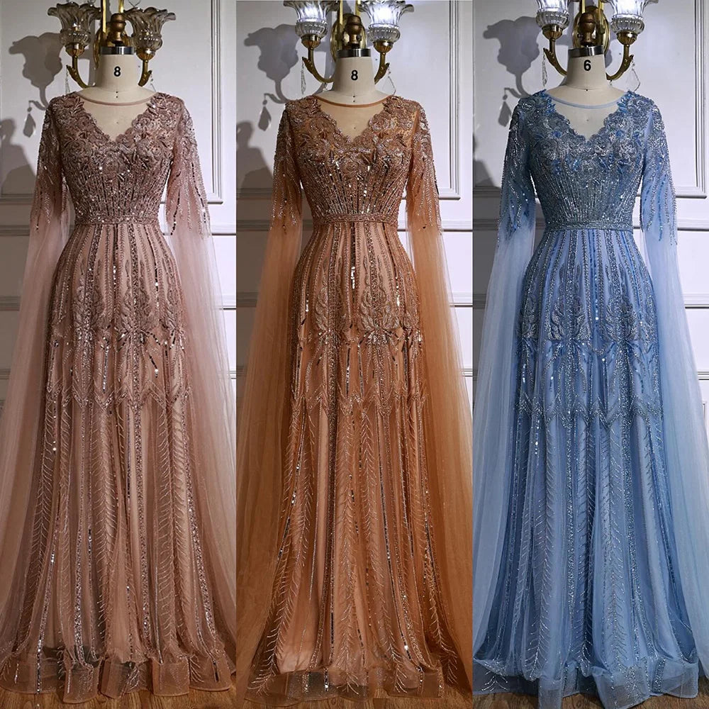 Elegante vestido de noche de corte A con cuentas y mangas estilo capa LA73056