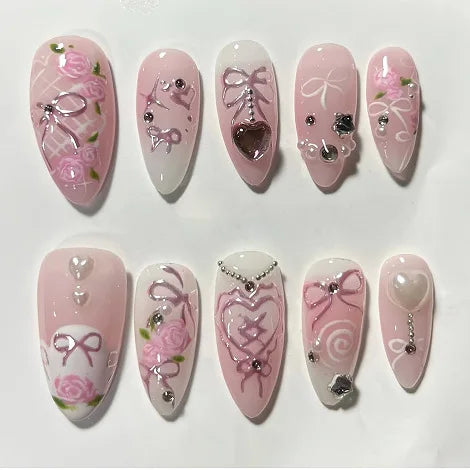 24 uñas postizas de almendra moradas claras con lazos pequeños y decoración de perlas, uñas postizas desmontables para primavera y verano. 