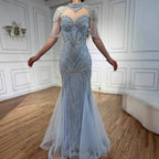 Luxuriöses, nudefarbenes, perlenbesetztes Meerjungfrauen-Abendkleid mit hohem Kragen, LA72897 