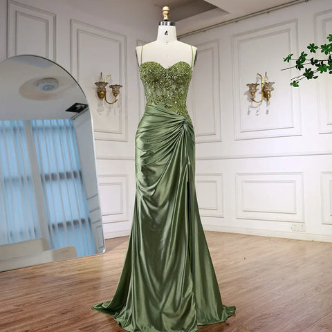 Luxury Sage Green Satin Prom Dress with Slit LA73032
