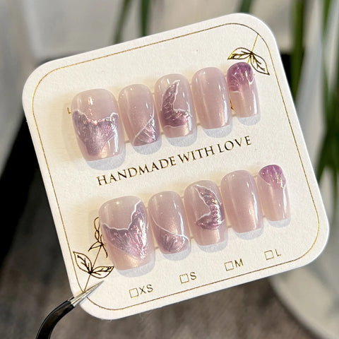 10 uñas postizas de ojo de gato en color rosa nude, hechas a mano, con diseño de cola de sirena rosa, ideales para usar en estilo europeo. 