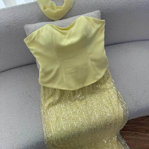 Luxury Yellow Chiffon Mermaid Evening Dress with Cape LA73007