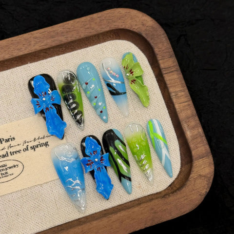 10 uñas postizas hechas a mano, bonitas y geniales, estilo Y2k, largas, de aguja, azules, con flores talladas en 3D, estilo hawaiano, para verano. 