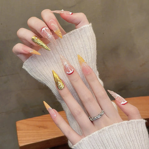 10pcs Handmade Press On Nails 3D Simulation Sweet Orange Designs False Nail Patches Reusable Long Stiletto Fake Nails Salon Art