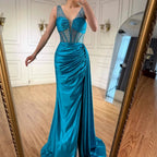 Blaues Ballkleid mit seitlichem Überrock und Spaghettiträgern LA73011