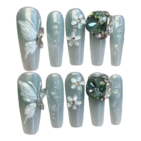 10 Stück Blau Grün Gefälschte Nagelspitzen Langer Sarg Handgemachtes Aufdrücken von Nägeln Schmetterling Blume Große glänzende Diamant Designs Falsche Nägel 