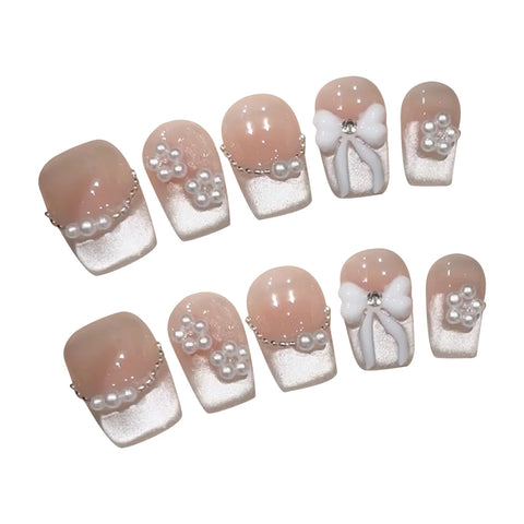 10 uñas postizas hechas a mano, color nude, rosa ruborizado, brillantes, estilo ojo de gato, con diseños de lazo, uñas postizas francesas, reutilizables. 