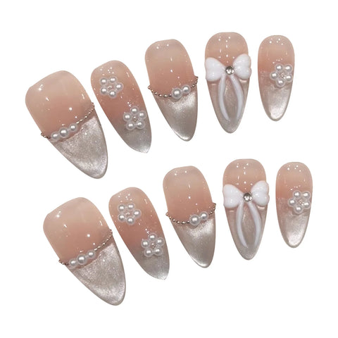 10 uñas postizas hechas a mano, color nude, rosa ruborizado, brillantes, estilo ojo de gato, con diseños de lazo, uñas postizas francesas, reutilizables. 