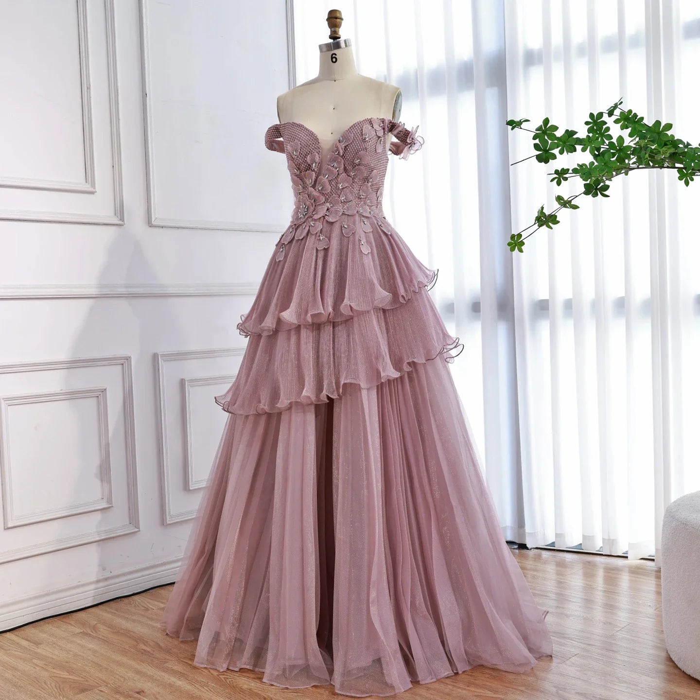 Vestido de noche de lujo rosa con volantes y cuentas, corte A, LA73385 