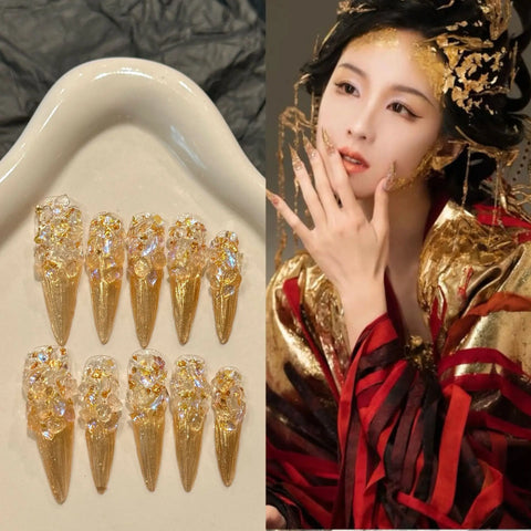 10pcs Full Shiny Diamond Handmade False Nails Light Luxury Long Pointed Press On Nails Full Cover Y2k Fake Nail New Year Gifts