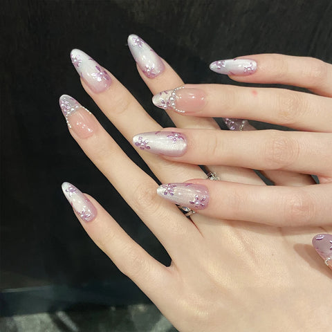 10pcs Handmade Press On Nails Light Purple French Style Cat's Eye False Nails Gentle Flower Designs Wearable Fake Nail Tips