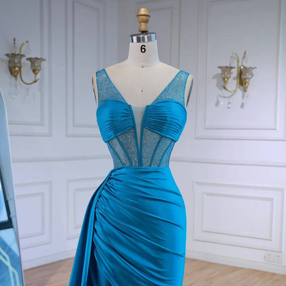 Blaues Ballkleid mit seitlichem Überrock und Spaghettiträgern LA73011