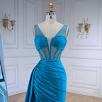 Blaues Ballkleid mit seitlichem Überrock und Spaghettiträgern LA73011