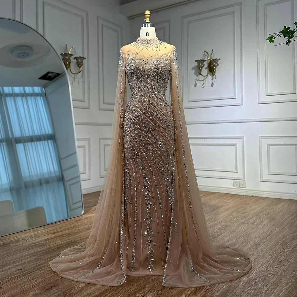 Luxuriöses, nudefarbenes Meerjungfrauen-Abendkleid mit Cape-Ärmeln LA71885A 