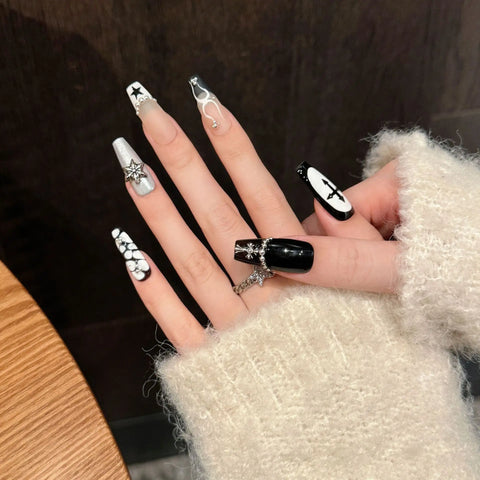 10 uñas postizas francesas negras Y2k hechas a mano con diseño de cocodrilo y estrella de cinco puntas, estilo punk de metal, manicura DIY. 