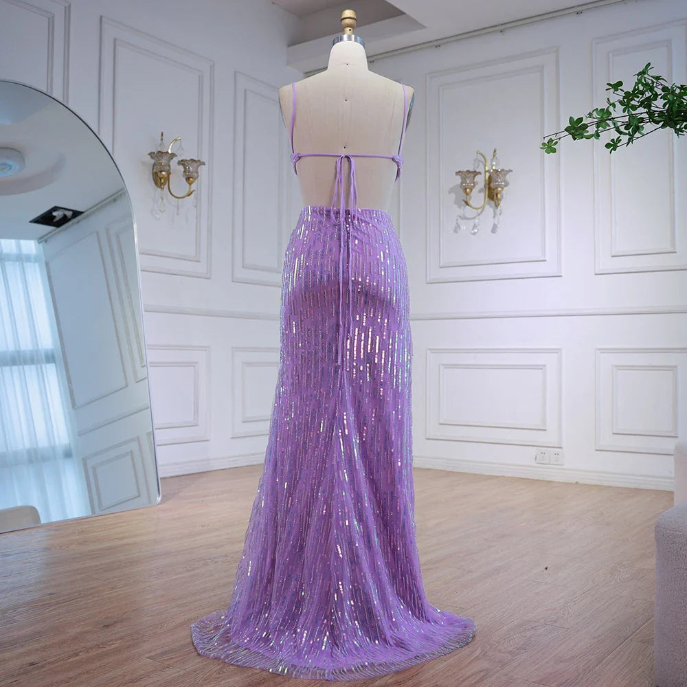 Luxury Purple Sequin Prom Dress with Slit and Cutout Waist