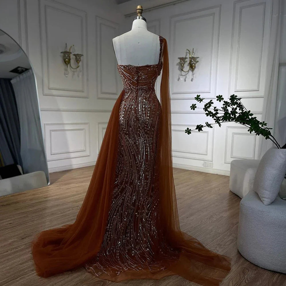 Vestido de noche de sirena de lujo verde con un solo hombro y capa LA72472