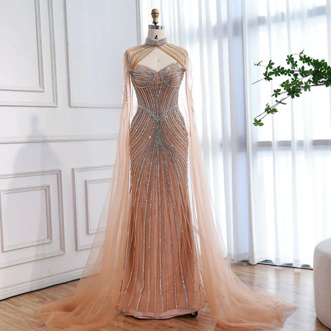 Luxury Nude Mermaid Evening Dress with Cape Sleeves LA73118