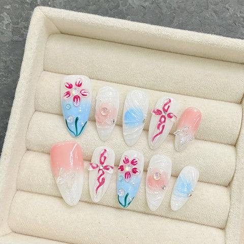 10 uñas postizas de flores blancas pintadas a mano, brillantes, color rosa almendra, estilo ojo de gato, desmontables, estilo primaveral. 