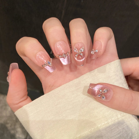 10 Stück Fantasy RRose Pink French Style Press On Nails Schimmernder Diamant Schmetterling Süßer handgemachter falscher Nagel Koreanische tragbare Nägel 