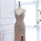 Vestido de noche de sirena de lujo con abertura alta y cuentas color nude LA73340